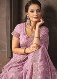 Pink Embroidered Georgette Zari Jacquard Partywear Saree