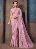 Pink Embroidered Georgette Zari Jacquard Partywear Saree
