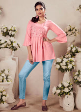 Pink Heavy Reyon Embroidered Western Tunic Tops