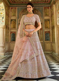 Pink Stone And Zari Work Organza Base Engagement Lehenga
