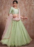 Pista Green Soft Net Zari Work Party Wear Trendy Lehenga For Women