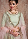 Pista Green Soft Net Zari Work Party Wear Trendy Lehenga For Women