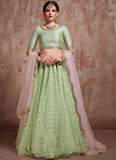 Pista Green Soft Net Zari Work Party Wear Trendy Lehenga For Women