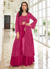 Pure Faux Georgette Embroidered Jacket Style Palazzo Suit in Pink