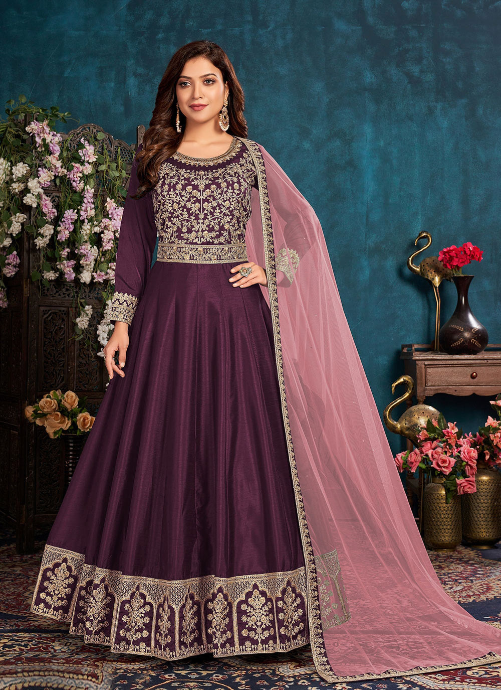 Purple Embroidered Art Silk Anarkali Salwar Suit