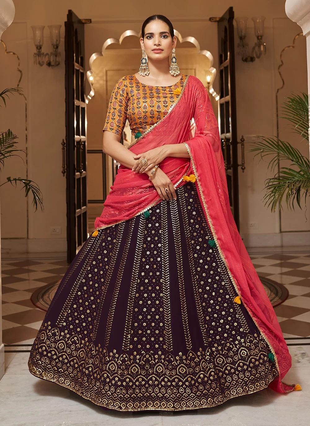 Purple Georgette Wedding Wear Embroidered Lehenga Choli