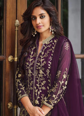 Purple Net Heavy Coding and Sequence Embroidery Pakistani Suit