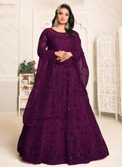 Purple Tone To Tone Thread And Sequince Work Net Anarkali Suit
