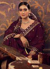 Purple Zari And Stone Work Chinnon Saree With Matching Blouse