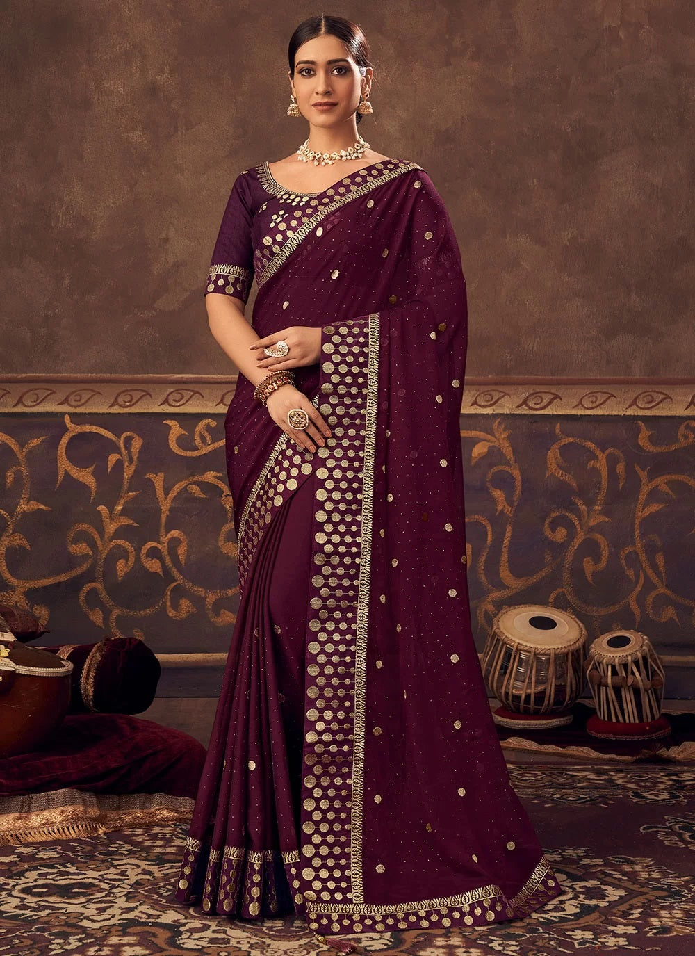 Purple Zari And Stone Work Chinnon Saree With Matching Blouse