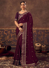 Purple Zari And Stone Work Chinnon Saree With Matching Blouse