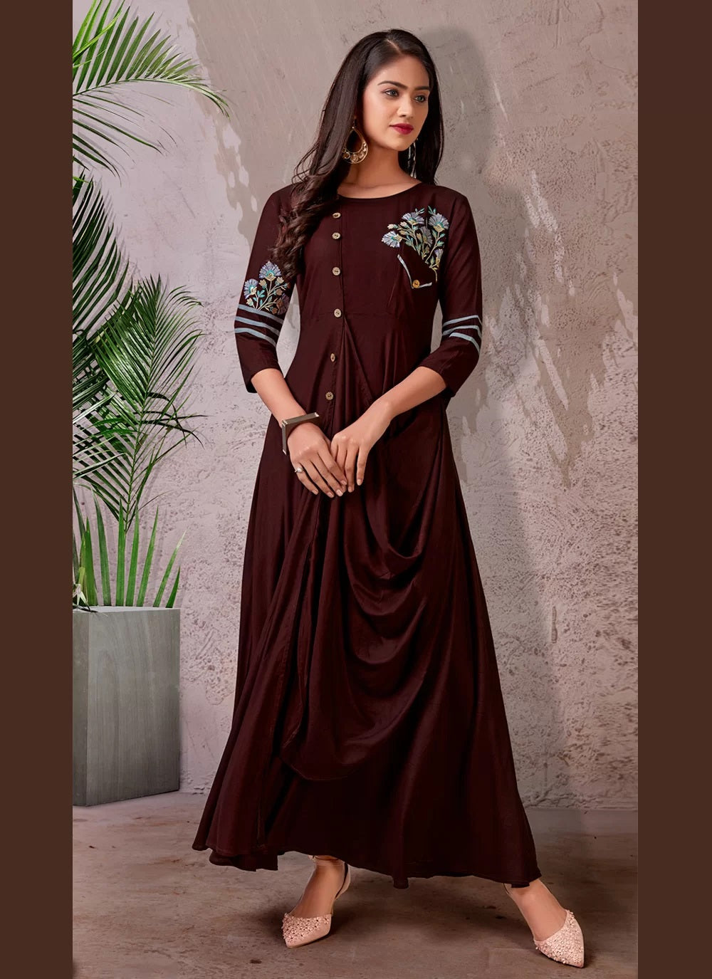 Rayon Embroidery Kurti Design In Brown
