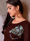 Rayon Embroidery Kurti Design In Brown