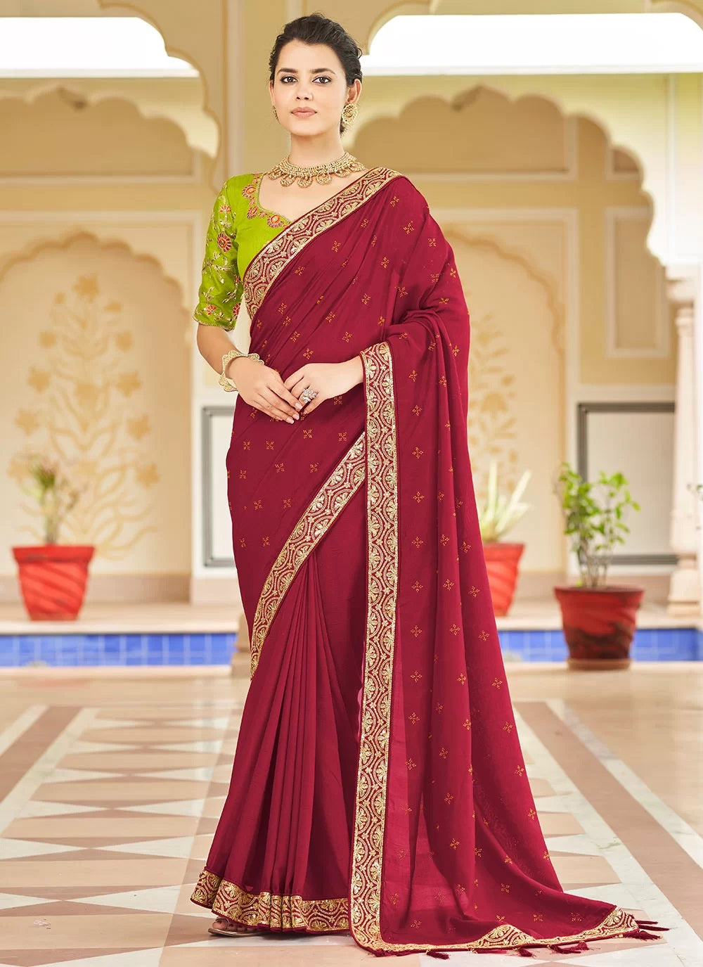Red Designer Vichitra Silk Saree with Sequence and Swarovski Detailing