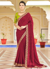 Red Designer Vichitra Silk Saree with Sequence and Swarovski Detailing