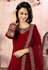 Red Embroidered Art Silk Patiyala Suit