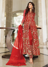 Red Pure Net Coding and Sequence Embroidery Slit Pakistani Suit
