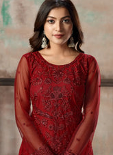 Red Straight Cut Embroidered Pant Salwar Suit