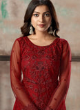 Red Straight Cut Embroidered Pant Salwar Suit