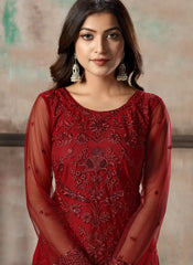Red Straight Cut Embroidered Pant Salwar Suit