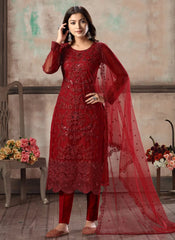 Red Straight Cut Embroidered Pant Salwar Suit