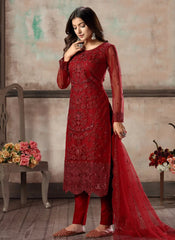 Red Straight Cut Embroidered Pant Salwar Suit