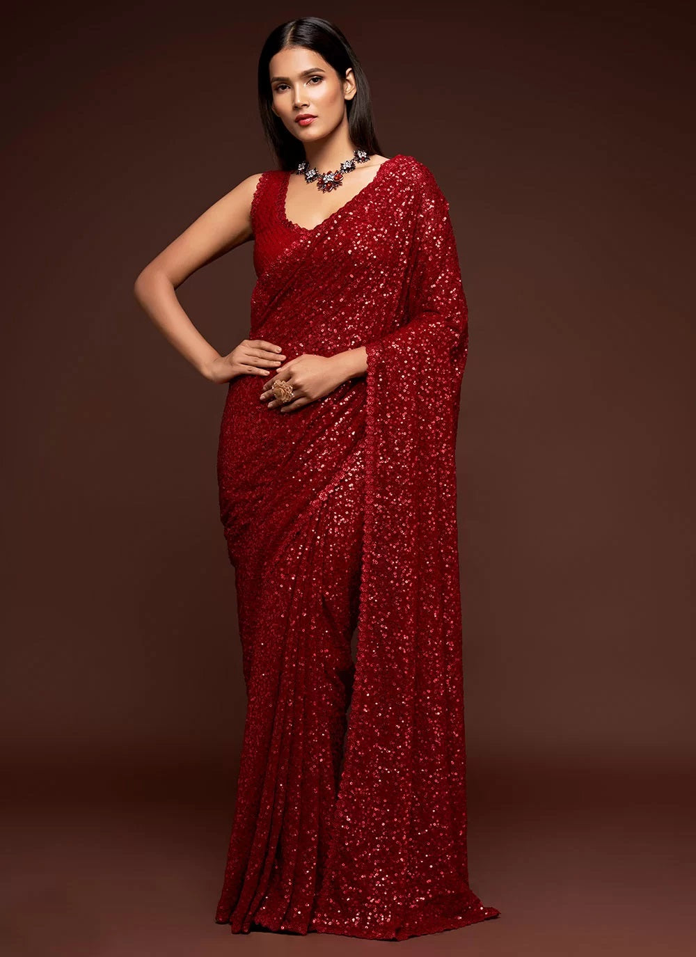 Red Thread And Multiple Sequins Embroidery Saree