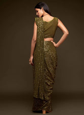 Sabyasachi Olive Green Sequins Georgette Party Wear Saree With Blouse