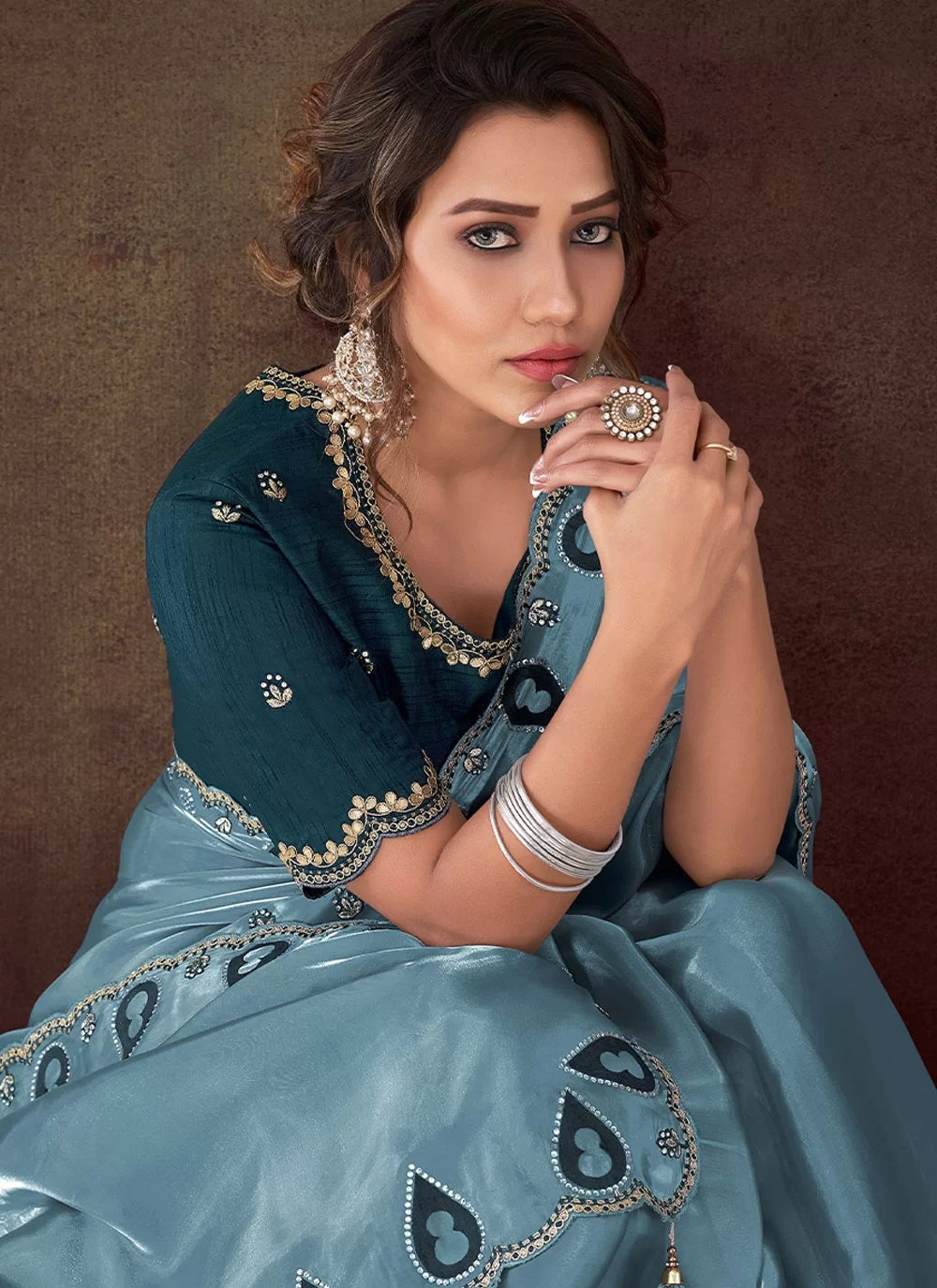 Satin Organza Embroidered Indian Designer Saree