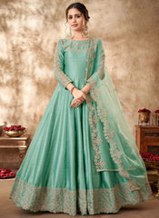 Sea Green Anarkali Suit For Party Wear With Zari Embroidery