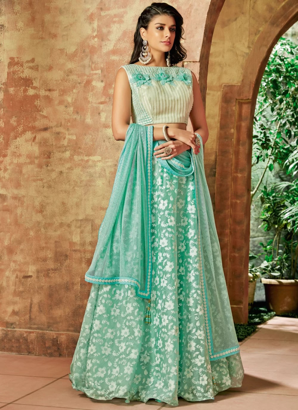 Green Color tissue Lehenga Choli