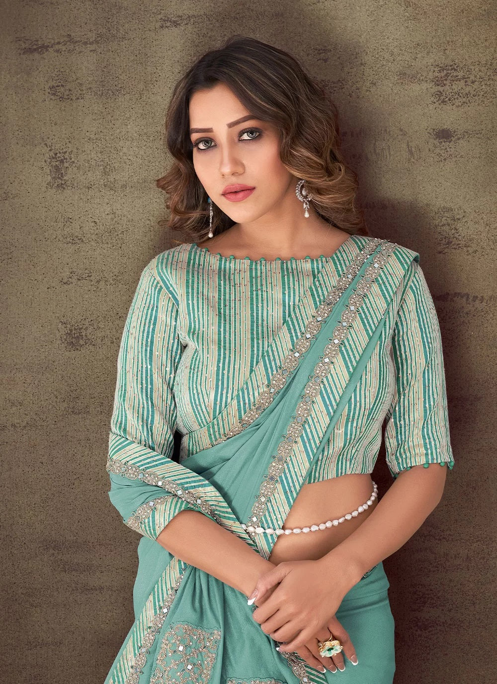 Sea Green Embroidered Saree