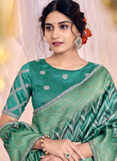 Sea Green Tusser Silk Printed Embroidery Saree