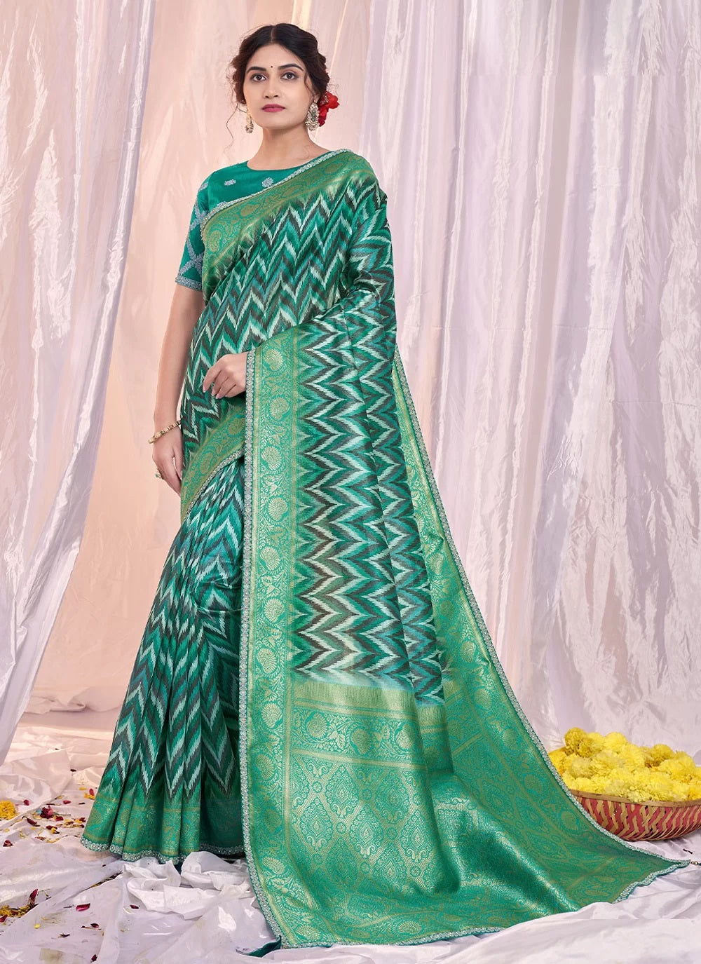 Sea Green Tusser Silk Printed Embroidery Saree