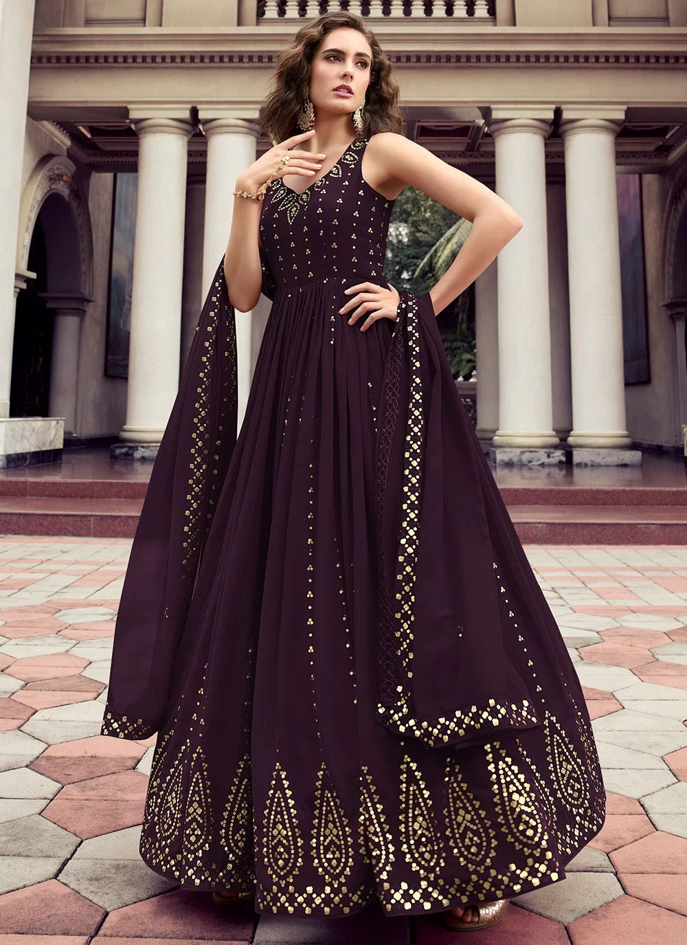 Sequinse Embroidered Georgette Anarkali Gown In Purple