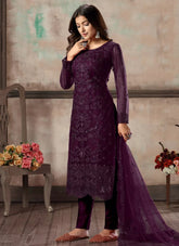 Straight Style Embroidered Pakistani Suit in Wine