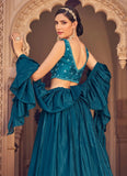 Teal Blue Chinnon Thread Work Layered Style Lehenga