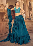 Teal Blue Chinnon Thread Work Layered Style Lehenga