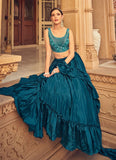 Teal Blue Chinnon Thread Work Layered Style Lehenga