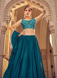 Teal Blue Chinnon Thread Work Layered Style Lehenga
