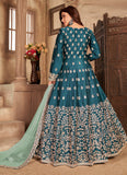 Teal Blue Embroidered Art Silk Slitted Abaya Style Salwar Kameez