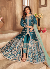 Teal Blue Embroidered Art Silk Slitted Abaya Style Salwar Kameez