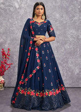Teal Blue Georgette Embroidered Lehenga Choli