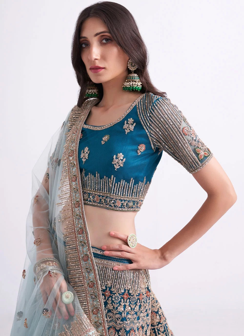 Teal Blue Net Designer Embroidered Lehenga Choli