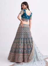 Teal Blue Net Designer Embroidered Lehenga Choli
