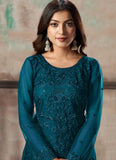 Teal Blue Net Embroidered Straight Cut Salwar Suit