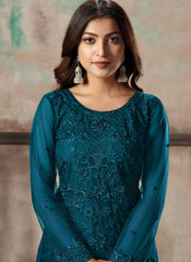 Teal Blue Net Embroidered Straight Cut Salwar Suit