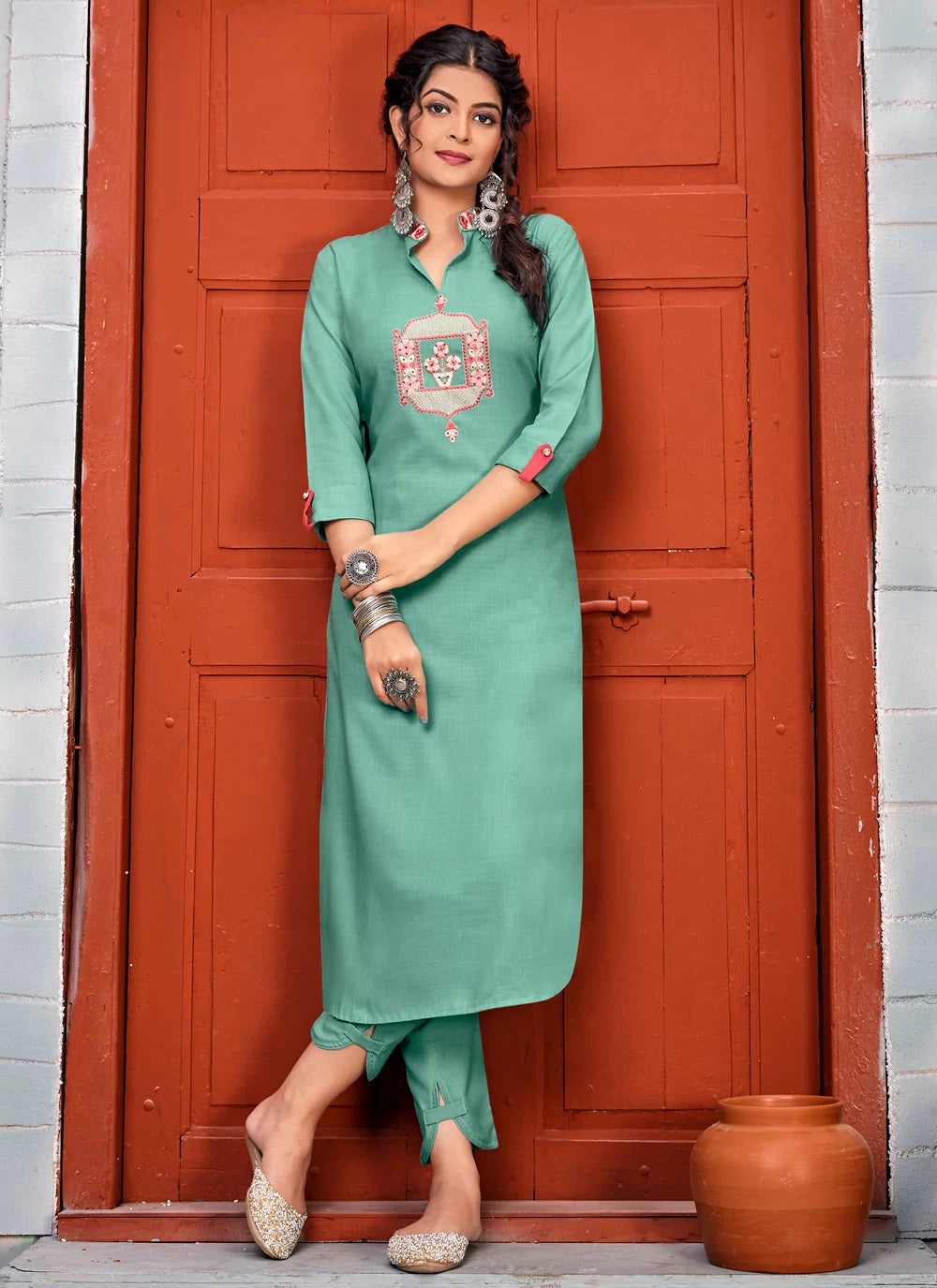 Green Rayon Kurti With Pant