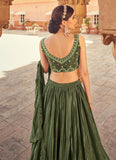 Thread and mirror work Olive green Tiered Lehenga Choli