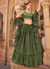 Thread and mirror work Olive green Tiered Lehenga Choli